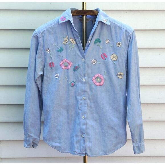 Vintage 90s Embroidered Floral Blue Cotton Button Front Collared Blouse - Picture 4 of 5